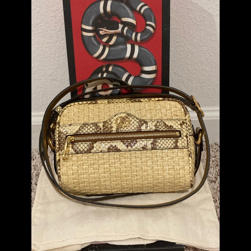 🐍🆕GUCCI Raffia Watersnake Mini Ophidia Shoulder Bag Beige 🆕🐍